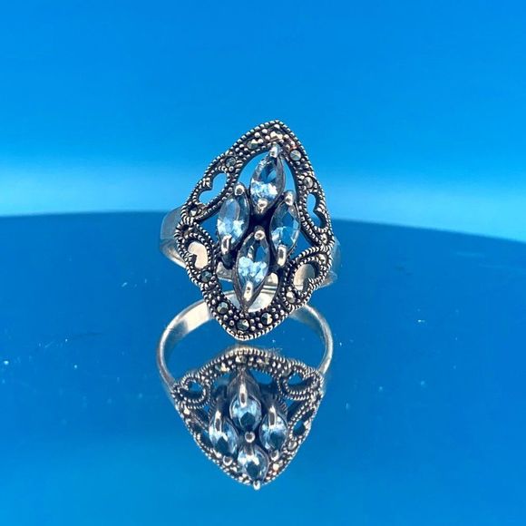 Vintage Sterling Silver Swiss Blue Topaz Open-Work Ring - Picture 1 of 12
